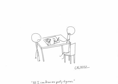 A line drawing comic of two stick figures at a table. One stick figure is drawing two realistic human figures and says disappointedly to the other stick figure, "All I can draw are poofy-figures."